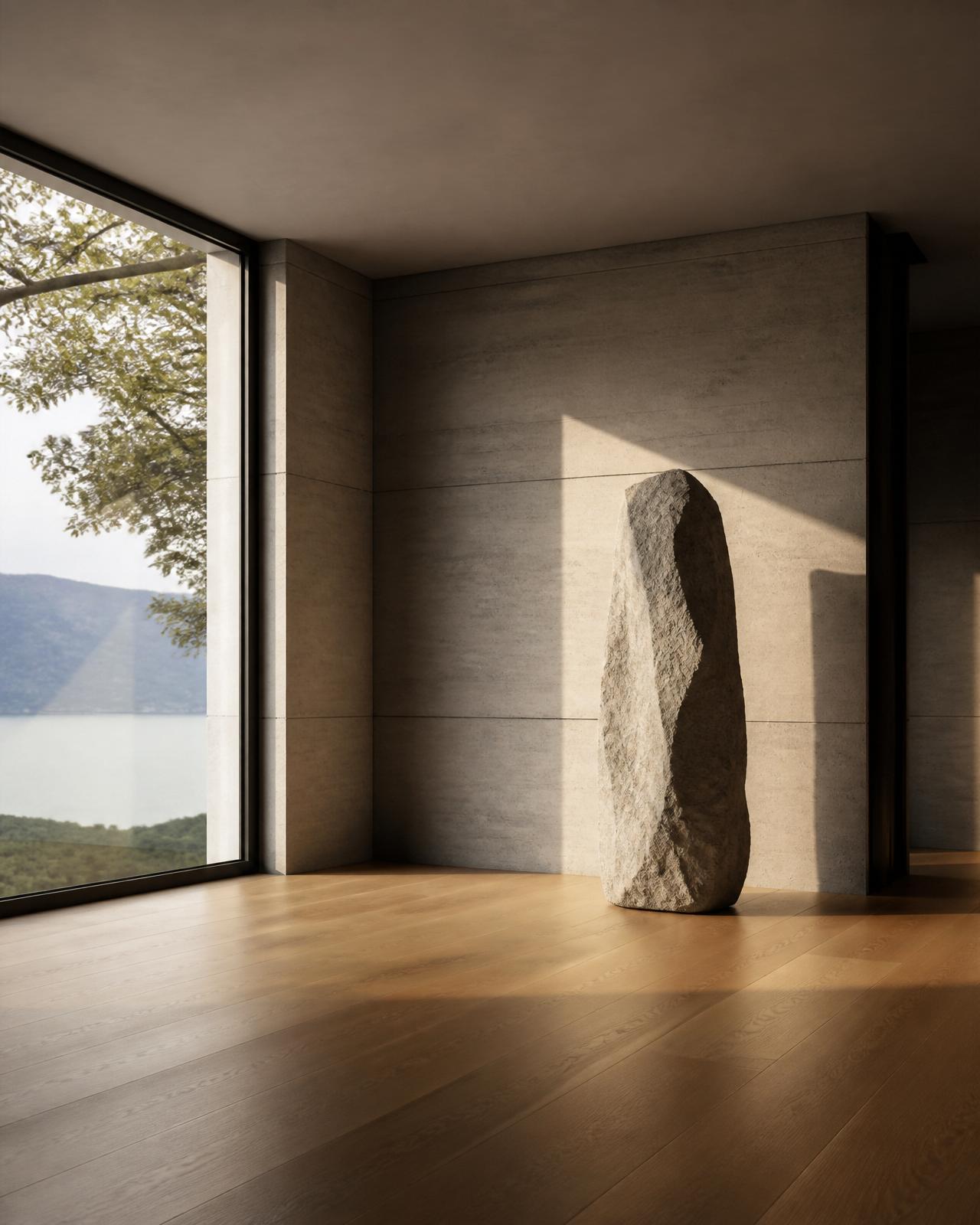 Minimal interior with stone monolith and oak floor