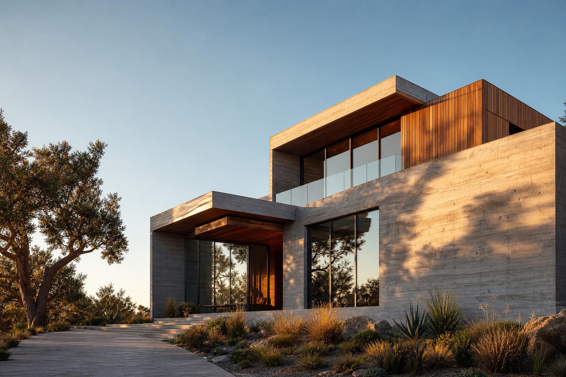 Concrete and warm wood villa at golden hour